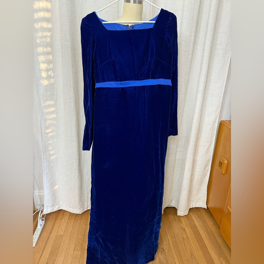 VINTAGE 1960S ROYAL BLUE VELVET EMPIRE WAIST GOWN BACK BOW LARGE